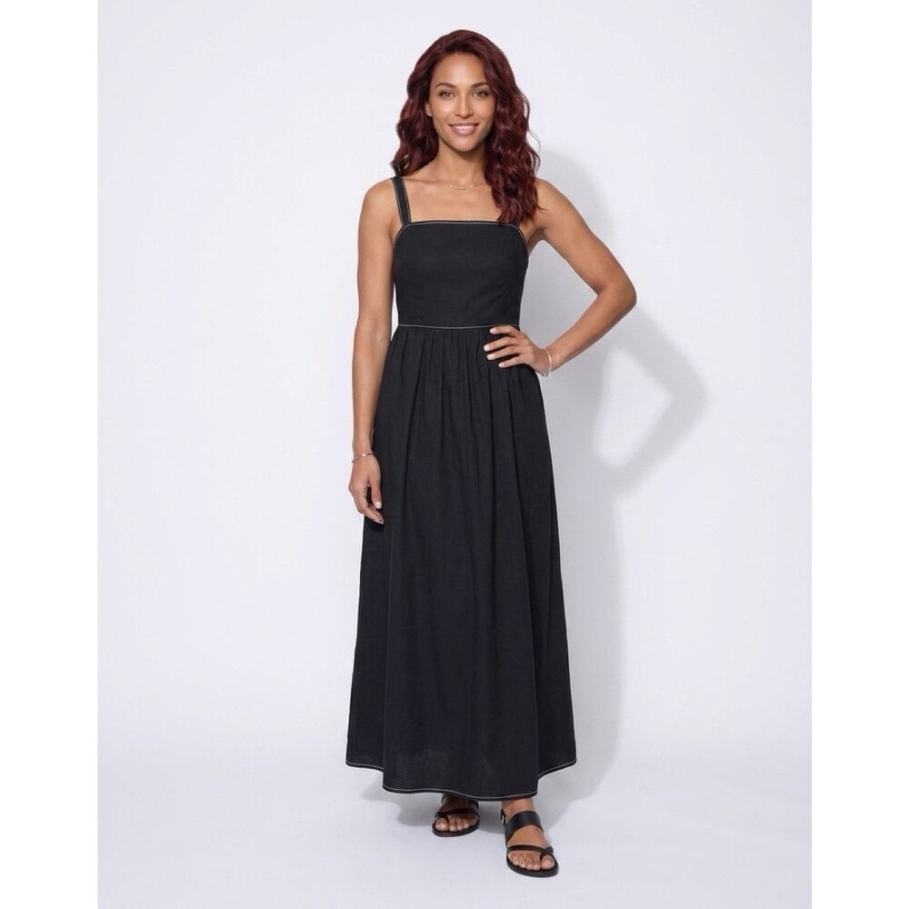 ZARA Black 100% Cotton Bow Back Straps Square Neck Long A-Line Dress Size S